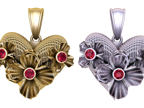 Golden Floral Heart Pendant with Ruby Accents 3Dモデル