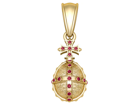 루비 액센트가 있는 골든 크로스 에그 펜던트 3D 모델