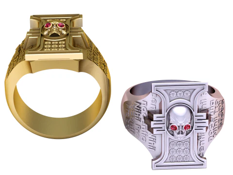 Golden Gothic Skull Ring with Ruby Eyes 3D Model