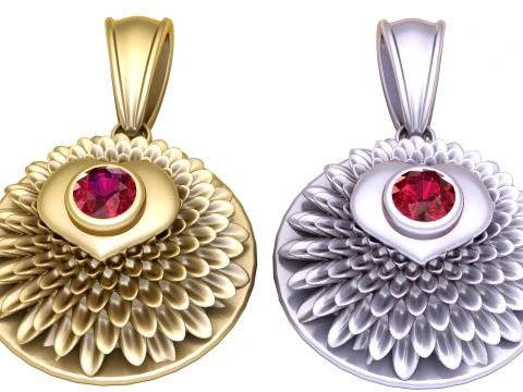 Golden Lotus Bloom Pendant with Ruby Center 3D Model