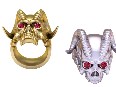 Golden Demon Skull Ring with Ruby Eyes 3D Model