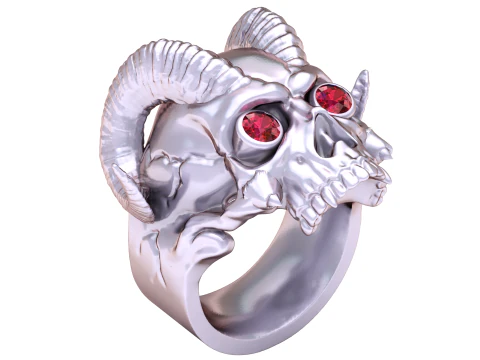 Golden Demon Skull Ring with Ruby Eyes 3D Model