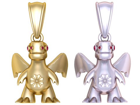 Golden Dragon Pendant with Ruby Eyes and Floral Symbol 3D Model