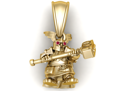 Golden Dwarf Warrior Pendant with Ruby Eyes and Hammer 3D Model