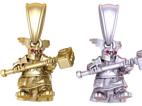 Golden Dwarf Warrior Pendant with Ruby Eyes and Hammer 3D Model