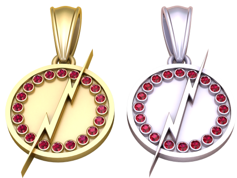 Golden Lightning Bolt Pendant with Ruby Circle 3D Model