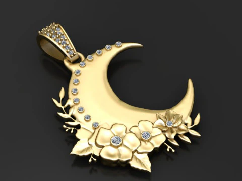 Floral Crescent Moon Pendant 3D Print Model