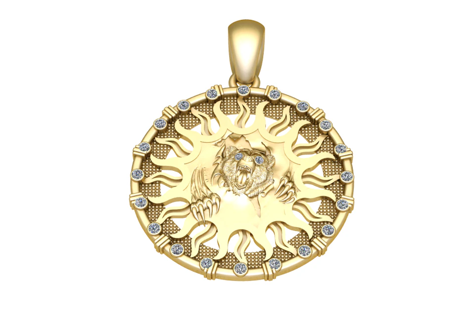 Roaring Bear Sunburst Pendant 3D Model .c4d .max .obj .3ds .fbx .stl .blend 