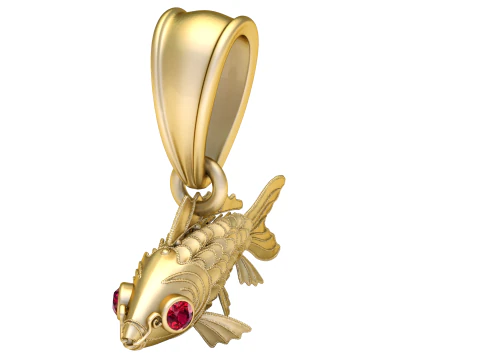 Золотая подвеска в виде рыбы кои с рубиновыми глазами 3D Модель