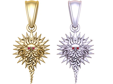 Golden Sun Face Pendant with Gemstone Eyes 3D Model
