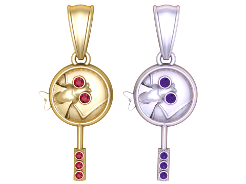 Golden Key Pendant with Butterfly Ruby Accents 3D 모델