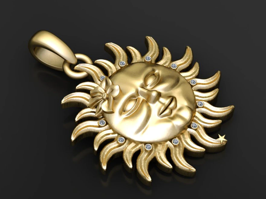 3D Printable Sun Face Pendant 3D Model .c4d .max .obj .3ds .fbx .stl .blend 
