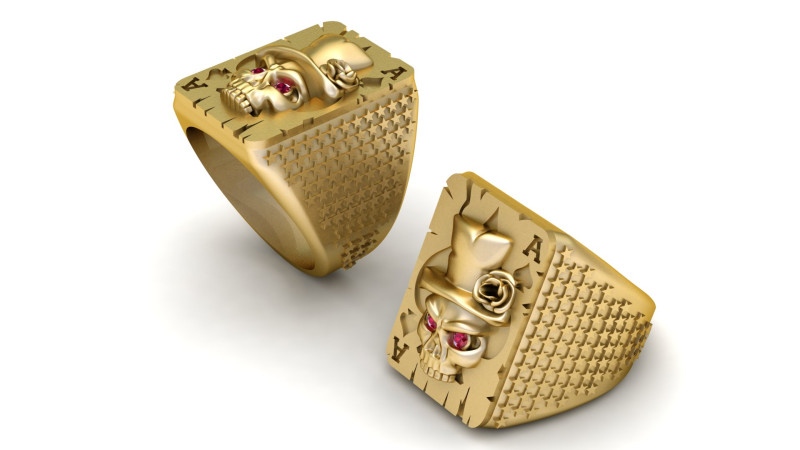 Gold Skull Poker Ace Ring with Ruby Eyes 3D Model .c4d .max .obj .3ds .fbx .stl .blend