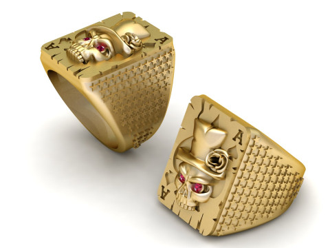 Gold Skull Poker Ace Ring with Ruby Eyes 3D 모델
