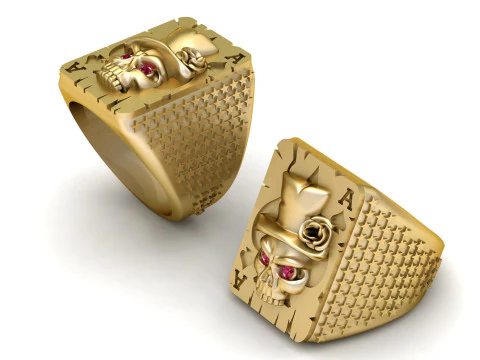 Gold Skull Poker Ace Ring with Ruby Eyes 3D Model
