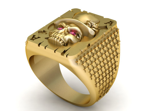 Gold Skull Poker Ace Ring with Ruby Eyes 3D Model
