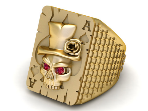 Gold Skull Poker Ace Ring with Ruby Eyes 3D Model
