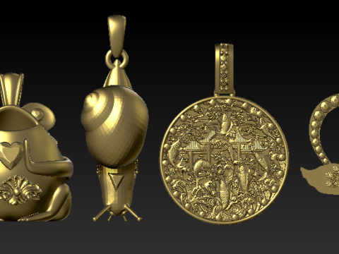 Halloween Silver Animal Charm Pendant Set Frog Heart Swan Rocket Bottle Medallion Necklace Charms 3D Model