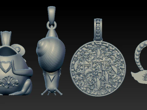 Halloween Silver Animal Charm Pendant Set Frog Heart Swan Rocket Bottle Medallion Necklace Charms 3D Model