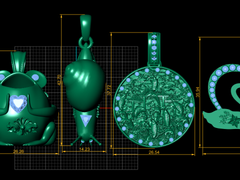 Halloween Silver Animal Charm Pendant Set Frog Heart Swan Rocket Bottle Medallion Necklace Charms 3D Model