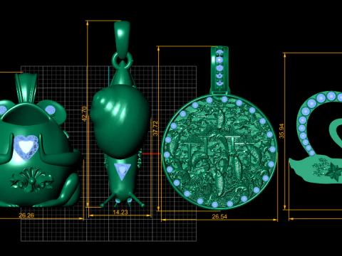 Halloween Silver Animal Charm Pendant Set Frog Heart Swan Rocket Bottle Medallion Necklace Charms 3D Model