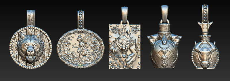 Mythical Animal Silver Pendant Set Lion Fairy Wolf Dragon and Bull Totem Charms Halloween Fa 3D 모델 .c4d .max .obj .3ds .fbx .stl .blend 
