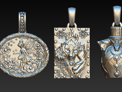 Mythical Animal Silver Pendant Set Lion Fairy Wolf Dragon and Bull Totem Charms Halloween Fa Modèle 3D