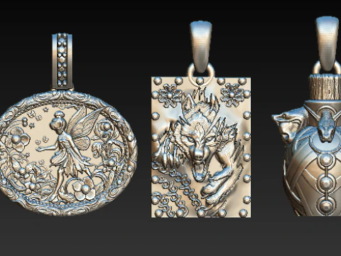 Set Liontin Perak Hewan Mitos Singa Peri Serigala Naga dan Banteng Jimat Totem Halloween Fa Model 3D