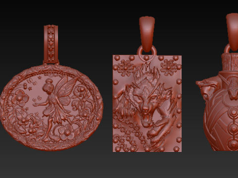 Mythical Animal Silver Pendant Set Lion Fairy Wolf Dragon and Bull Totem Charms Halloween Fa 3D 모델