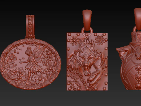 Mythical Animal Silver Pendant Set Lion Fairy Wolf Dragon and Bull Totem Charms Halloween Fa 3D Model