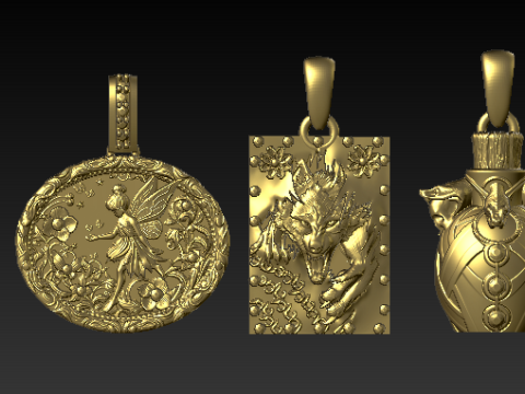 Mythical Animal Silver Pendant Set Lion Fairy Wolf Dragon and Bull Totem Charms Halloween Fa 3D 모델