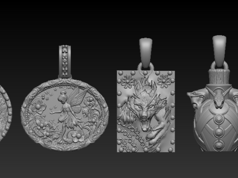 Mythical Animal Silver Pendant Set Lion Fairy Wolf Dragon and Bull Totem Charms Halloween Fa 3D 모델