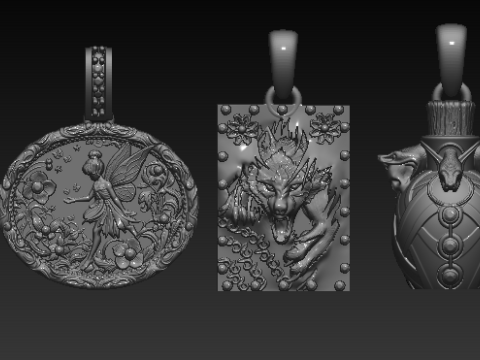 Mythical Animal Silver Pendant Set Lion Fairy Wolf Dragon and Bull Totem Charms Halloween Fa 3D 모델