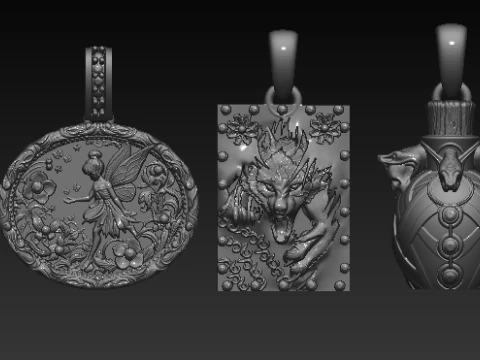Mythical Animal Silver Pendant Set Lion Fairy Wolf Dragon and Bull Totem Charms Halloween Fa 3D Model