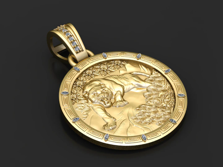 ROUND GOLD TIGER PEDANT 3D PRITABLE MODEL 3D Print Model .c4d .max .obj .3ds .fbx .stl .blend 