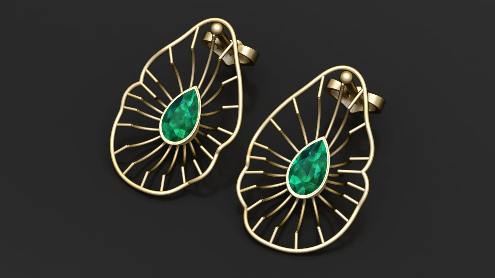 Emerald Drop Gold Earrings 3D Print Model .c4d .max .obj .3ds .fbx .stl .blend 
