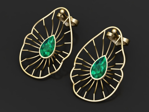Emerald Drop Gold Earrings 3D Print Model