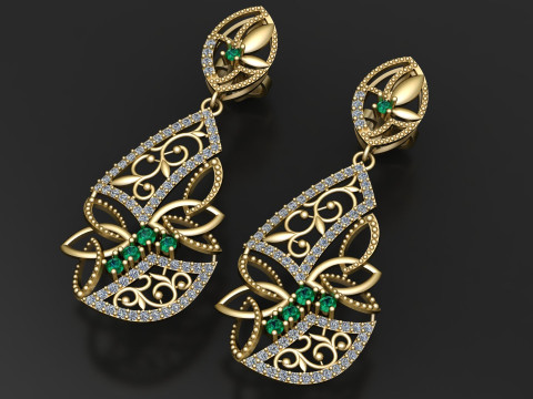 高級エメラルド ダイヤモンド ドロップ イヤリング 3Dプリントモデル