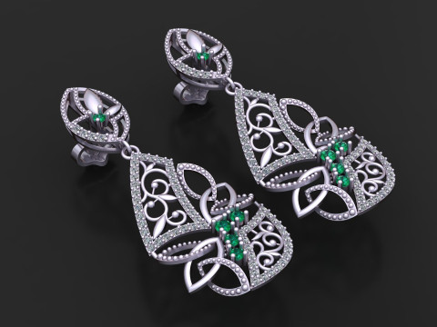 高級エメラルド ダイヤモンド ドロップ イヤリング 3Dプリントモデル