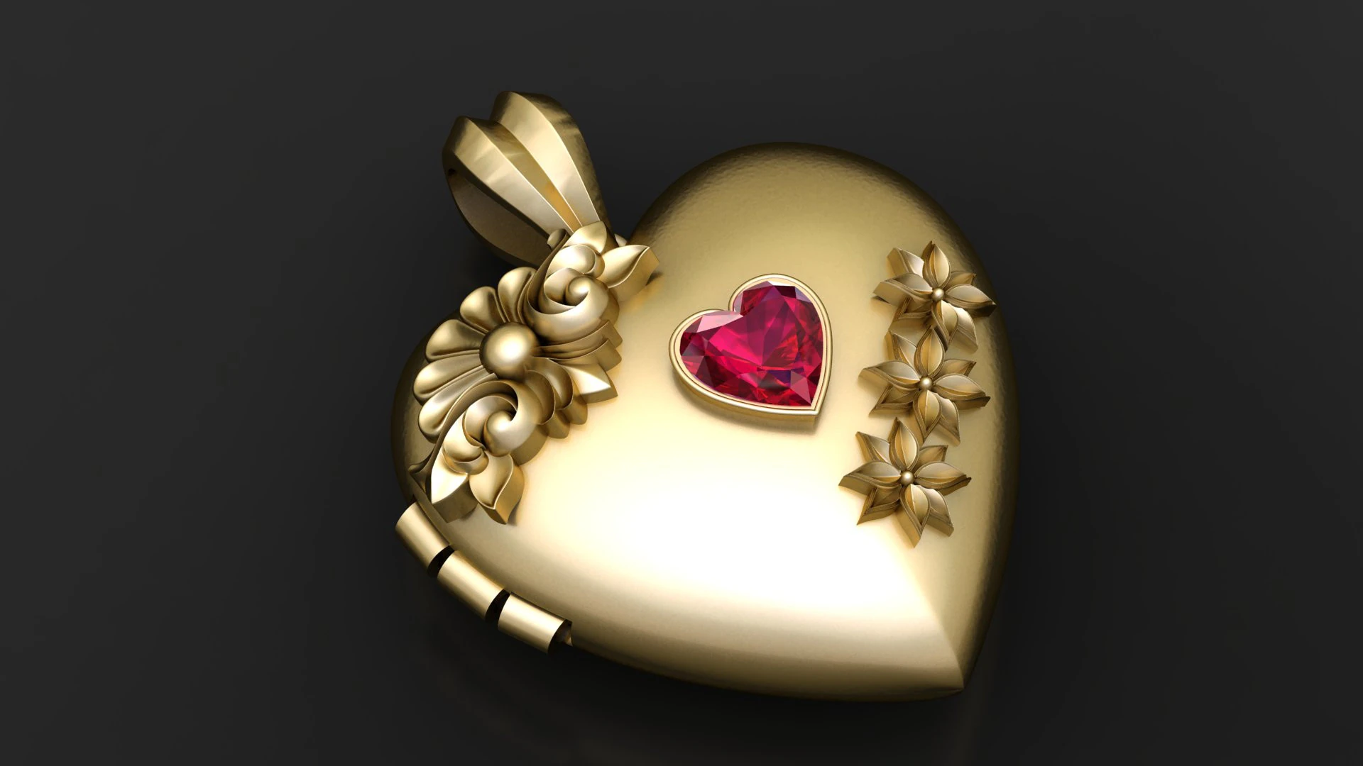 Vintage Floral Heart Locket with Ruby Gem 3D Print Model .c4d .max .obj .3ds .fbx .stl .blend 