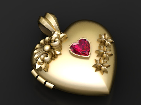 Vintage Floral Heart Locket with Ruby Gem 3D Print Model