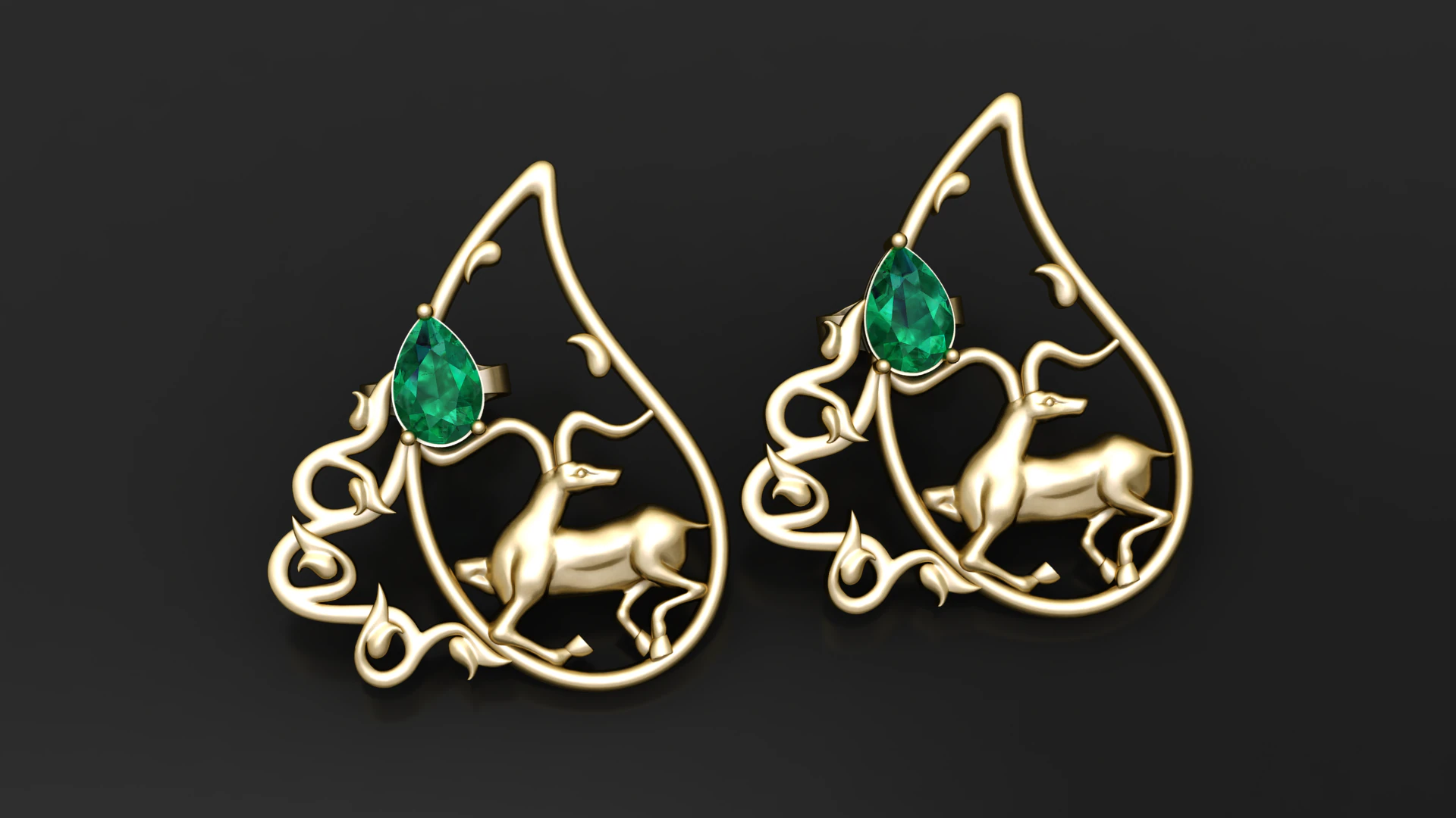 Emerald Deer Filigree Earrings 3D Print Model .c4d .max .obj .3ds .fbx .stl .blend 