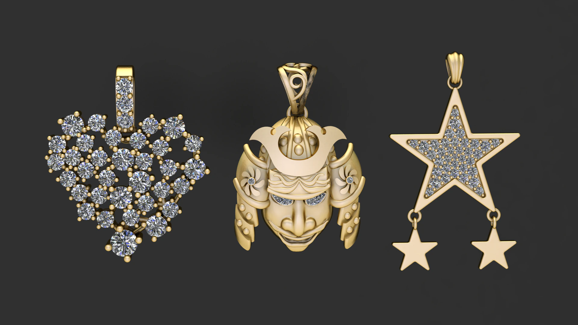 Diamond Cluster Heart Pendant Collection 3D Print Model .c4d .max .obj .3ds .fbx .stl .blend 