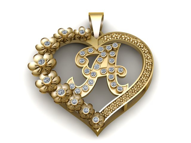 Ciondolo con iniziale cuore floreale Modello di stampa 3D .c4d .max .obj .3ds .fbx .stl .blend