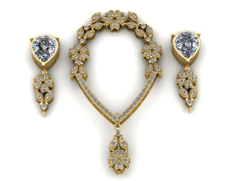 フローラル ダイヤモンド ネックレス イヤリング セット 3D 印刷可能なジュエリー モデル 3Dプリントモデル