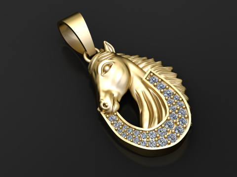 Majestueux pendentif porte-bonheur tête de cheval or diamant design 3D Modèles 3D en vedette
