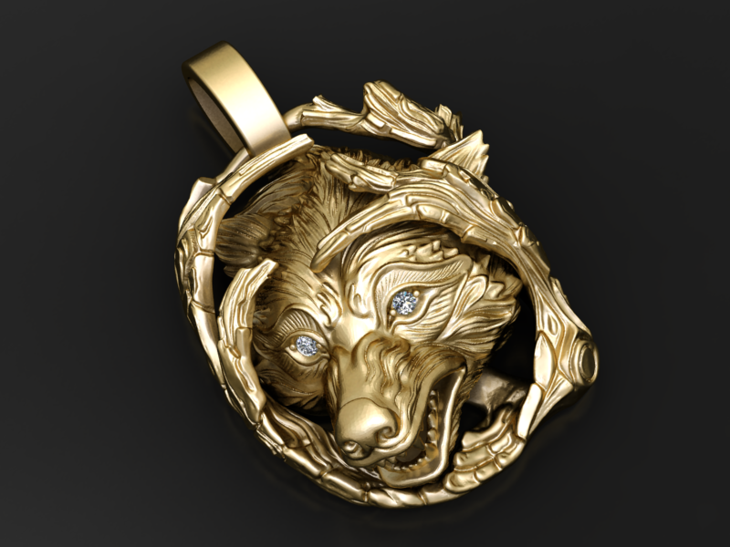 Feral Wolf Pendant Diamond Eyes Twisted Branch Frame 3D Jewelry Model 3D Print Model .c4d .max .obj .3ds .fbx .stl .blend