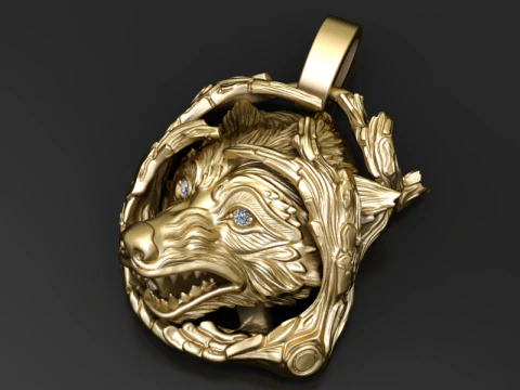 Feral Wolf Pendant Diamond Eyes Twisted Branch Frame 3D Jewelry Model 3D Print Model