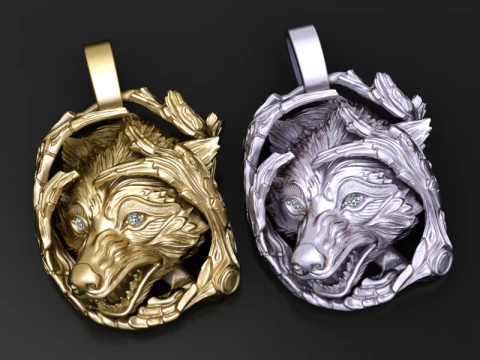 Feral Wolf Pendant Diamond Eyes Twisted Branch Frame 3D Jewelry Model 3D Print Model