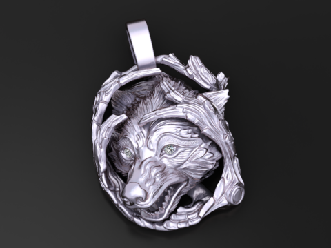 Dziki wilk wisiorek diamentowe oczy skręcona gałąź rama model biżuterii 3D Model do druku 3D